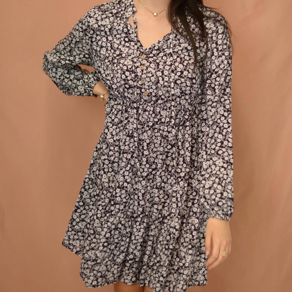 Black Flower Long Sleeve Woven Mini Dress
